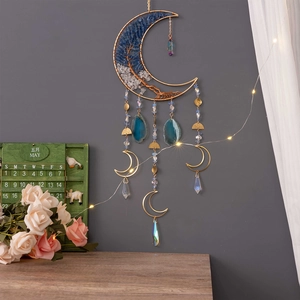 Handmade moon-shaped Tree of Life wall hanging with blue agate slice and crystals