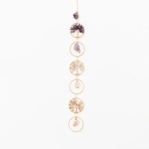 Handmade tree of life suncatcher with natural crystals and gold metal wire rings
