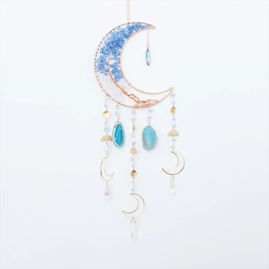 Handmade moon-shaped life tree wall hanging with blue agate slices and crystal prisms