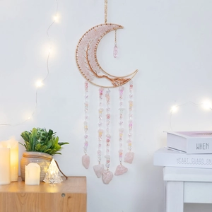 Pink crystal tree of life moon dream catcher wall hanging with beaded tassels decor