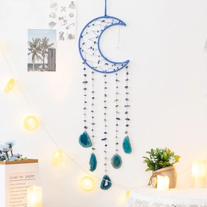 Blue moon dreamcatcher wall hanging with natural agate slices and handmade woven feathers