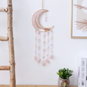 Pink crystal tree of life moon dream catcher wall hanging with natural stone tassels