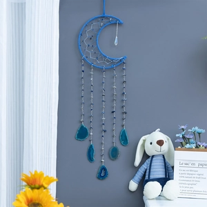 Bohemian blue moon dream catcher with agate slices and feathers for wall decoration
