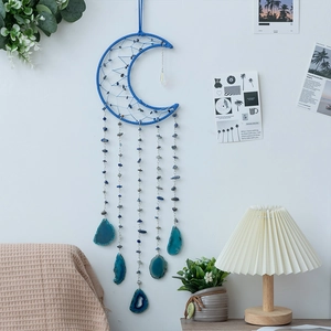 Bohemian moon dream catcher with blue agate slices and crystals for wall decor