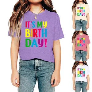 Kids Birthday T-Shirt Round Neck Cotton Polyester Blend Short Sleeve Toddler Party Top Colorful Letter Print