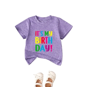 Purple children birthday t-shirt with It's My Birthday print and white Mary Jane shoes