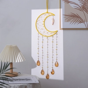Handmade Bohemian Yellow Moon Dream Catcher With Agate Slices And Crystal Waterdrop Pendants Home Wall Hanging Decoration