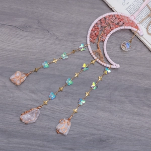 Pink crescent Moon Tree of Life wall hanging with butterfly charms and raw stone crystals