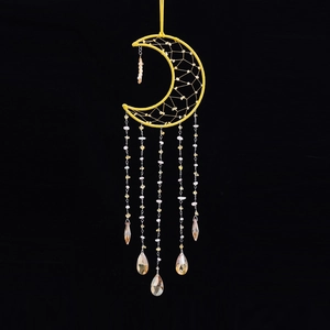 Handmade yellow moon dream catcher with crystal beads and healing stones for home decor