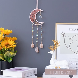 Pink Tree of Life moon dreamcatcher with colorful feathers and crystal stones decor