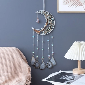 Tree of Life moon dream catcher wall decor with blue gravel and agate pendants