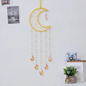 Yellow crescent moon wall hanging with woven net and crystal tassel beads for home decor