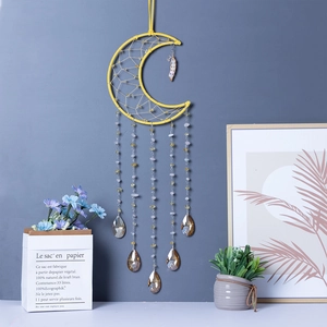 Bohemian yellow moon dreamcatcher with crystal beads and stone tassels for wall decor