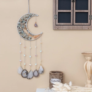Bohemian moon wall decor with natural agate slices and gemstone crystals in silver wire