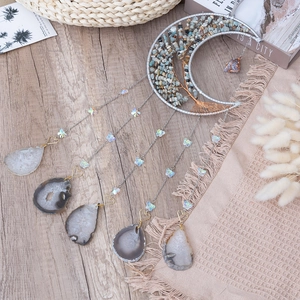 Bohemian silver crescent moon wall decor with tree of life design and agate stones