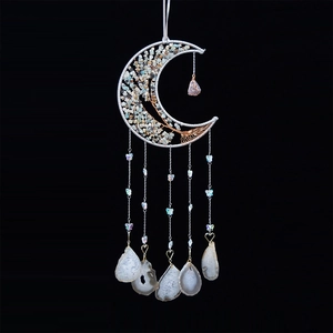Artistic crescent moon Tree of Life wall hanging with silver wire and blue gemstones