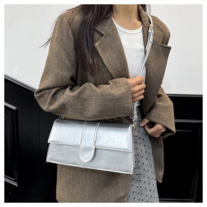 Detail shot of a silver metallic crossbody bag showing pleated texture and clasp closure