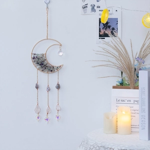 Golden moon suncatcher with purple crystals and heart prism for garden and home decor