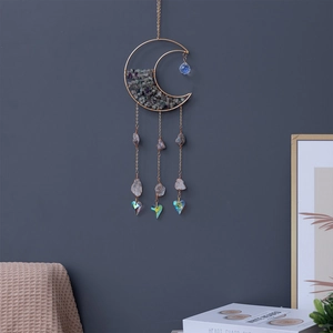 Golden moon suncatcher with purple crystals and gradient heart prism for garden decor