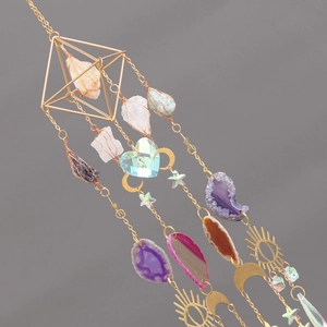 Bohemian Crystal Suncatcher With Agate Slices Moon Star Sun Geometric Gold Metal Hanging Ornament Rainbow Maker Home Decor