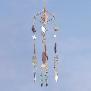 Crystal suncatcher with green aventurine agate slices and metal moon star ornaments