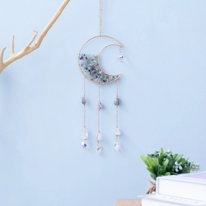 Celestial crescent moon suncatcher with golden alloy frame and amethyst crystal accents