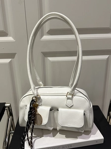 Women Underarm Bag PU Leather Double Front Pockets Zipper Closure Trendy Simple Shoulder Bag Stylish Bowling Handbag