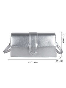 Silver metallic baguette shoulder bag with size dimensions 26x14x7cm and crinkle texture