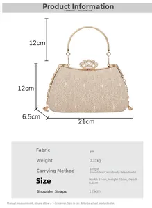 Detailed view of champagne gold evening clutch with crystal crown clasp and metal handle
