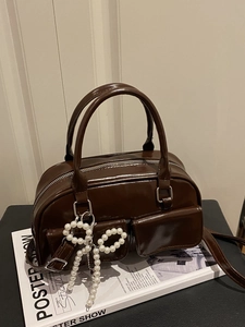 Women Boston Bag PU Patent Leather Shiny Dual Pockets Artificial Pearl Bow Charm Retro Handbag Shoulder Crossbody Trendy Commuter