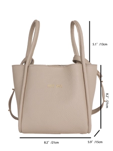 Chic beige leather tote bag with gold lettering and adjustable straps for women