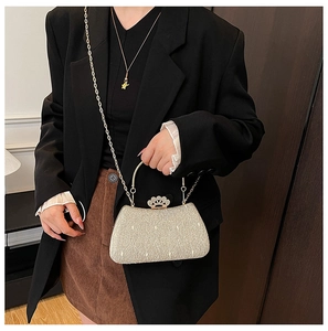 Silver sequin clutch bag with crystal crown clasp and metal handle on a suit jacket