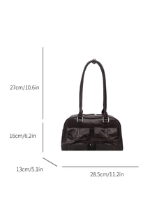 Chocolate brown PU leather ballet style shoulder bag with bow and double pockets