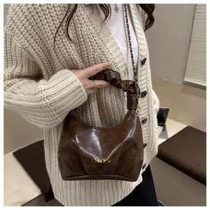 Close-up of dark brown pleated leather bag with gold chain strap and branding detail