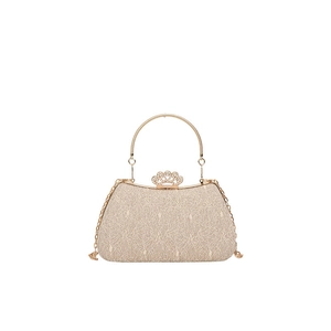 Champagne gold lace evening bag with rhinestone crown clasp and metal handle on white backdrop