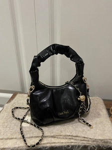Women Ruched Handle Handbag Glossy PU Leather Crossbody Bag Gold Chain Strap Vintage Hobo Shoulder Bag