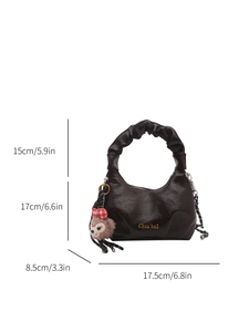 Pleated dark brown handbag with chain strap and teddy bear charm, size 17.5x17x8.5cm