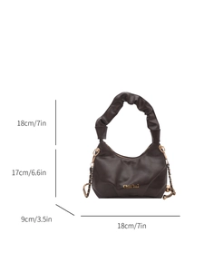 Minimalist shiny dark brown pleated handbag with golden chain strap and top handle