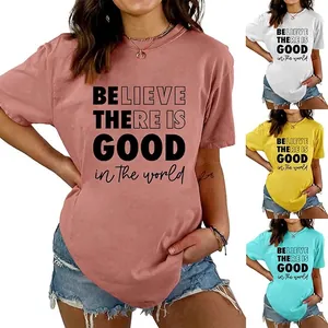 T-Shirt Femme Mélange De Coton Col Rond Manches Courtes Imprimé Lettres Décontracté Slogan Haut Été Streetwear