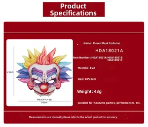 Detailed size chart of clown mask showing 30x25cm dimensions and lightweight EVA material