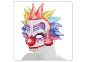 Detailed view of colorful Halloween scary clown mask with realistic latex skin textures