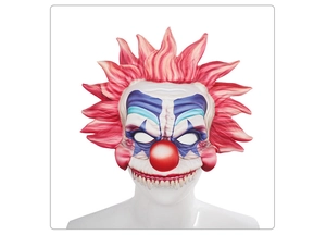 Detail of horror clown mask with pink spiky hair, blue face paint and sharp teeth