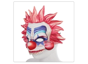 Detail of scary Halloween clown mask with pink hair and realistic skin textures for cosplay