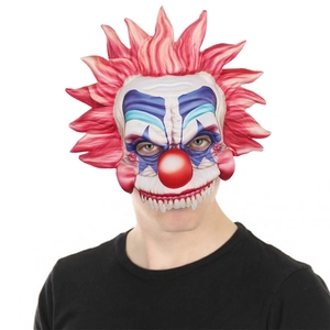 Creepy Halloween clown mask with pink hair and red nose for spooky cosplay outfits