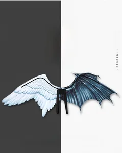 Detail of half-angel half-devil wings with white feathers and blue veined bat textures