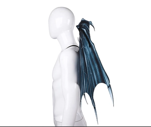 Detail of dark blue gradient devil wings showing realistic bionic texture and straps