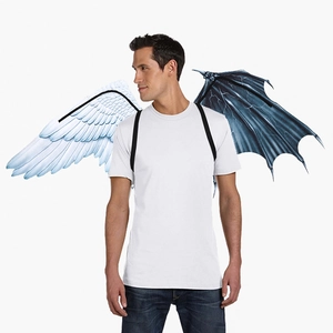 Asymmetrical angel and devil wings with white feathers and blue lightning pattern