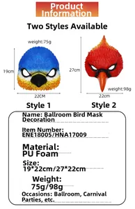 Detailed size and weight chart for realistic PU foam parrot and bird masks for carnivals
