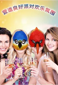Close-up of parrot and cardinal bird masks with feather texture for party cosplay
