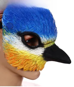 Detailed close-up of bird mask showing realistic blue and yellow feather textures